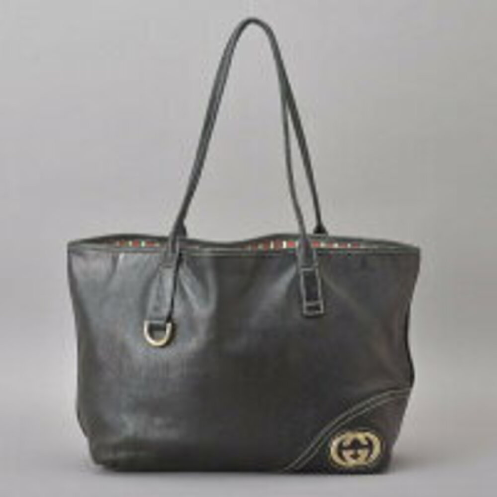 Gucci Bag Double Black Leather Tote Brit Shoulder ag GG - Picture 2 of 6